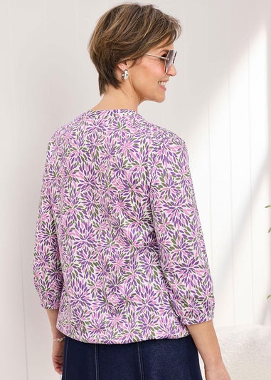 Cotton Traders Ivory Cotton Bubble hem 3/4 Sleeve Printed Top