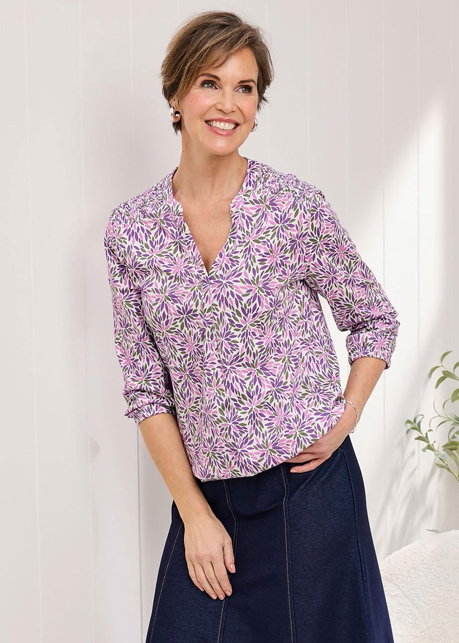 Cotton Traders Ivory Cotton Bubble hem 3/4 Sleeve Printed Top