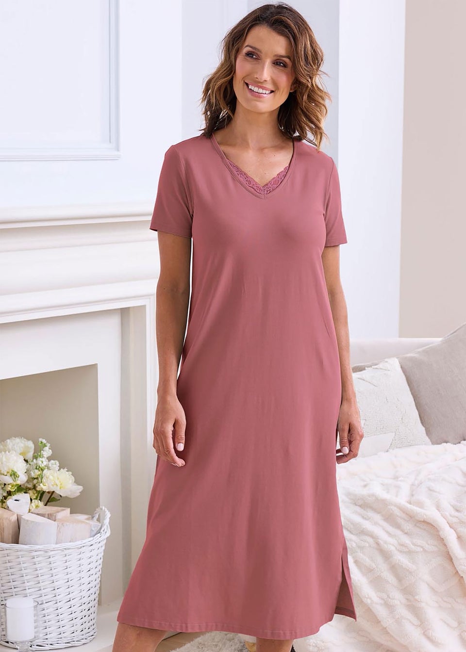 Cotton Traders Burnt Rose Lace Trim Nightdress