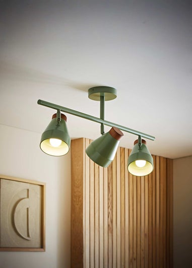 ValueLights Parker Green & Walnut 3 Way Ceiling Light