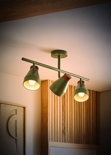 ValueLights Parker Green & Walnut 3 Way Ceiling Light