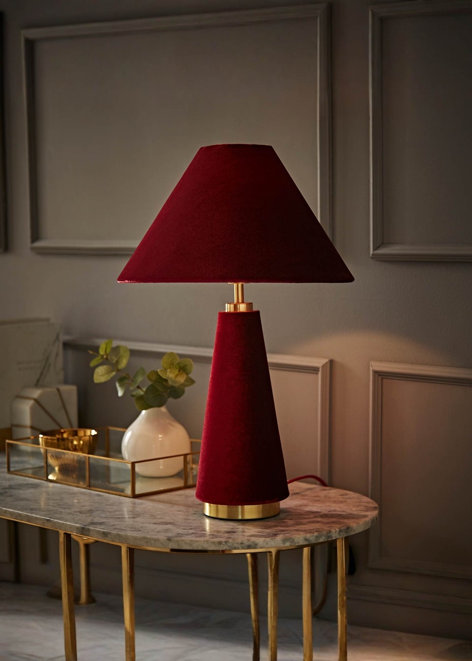 ValueLights Martha Conical Burgundy Velvet Table Lamp