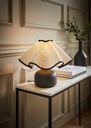 ValueLights Emilia Black Ceramic Table Lamp with Linen Wave Shade