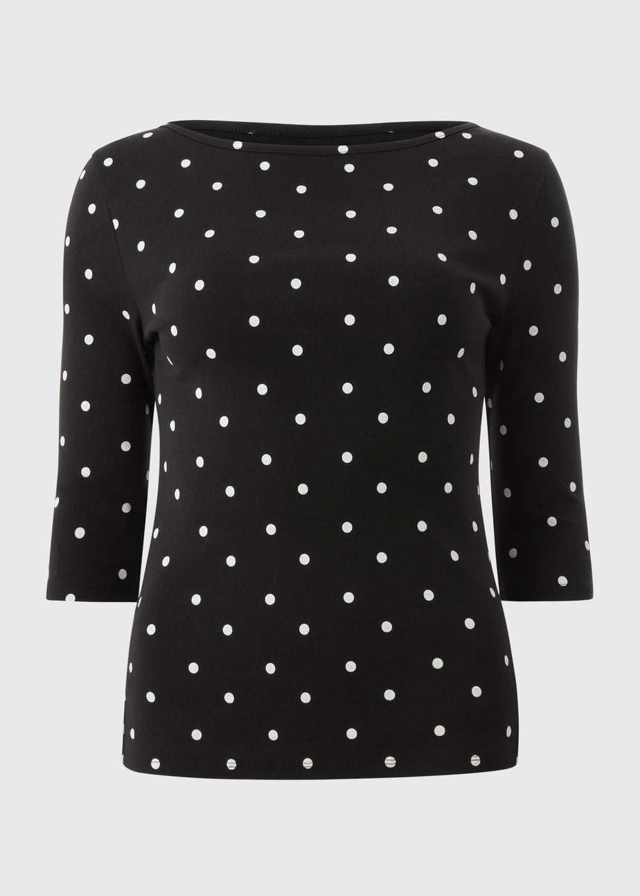 Black Spot Print Fitted 3/4 Sleeve Top