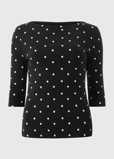 Black Spot Print Fitted 3/4 Sleeve Top