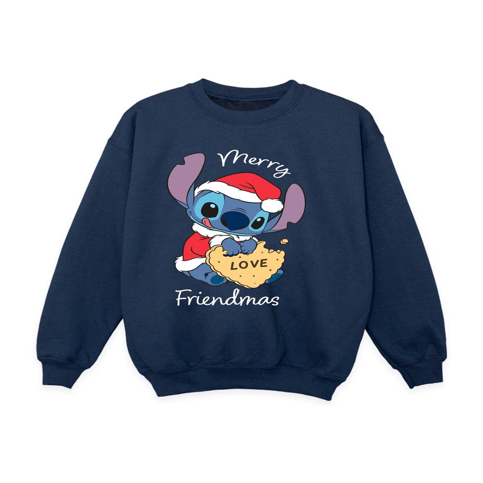 Disney Lilo & Stitch Merry Friendmas Christmas Girls Navy Blue Graphic Sweatshirt (3-13 Years)