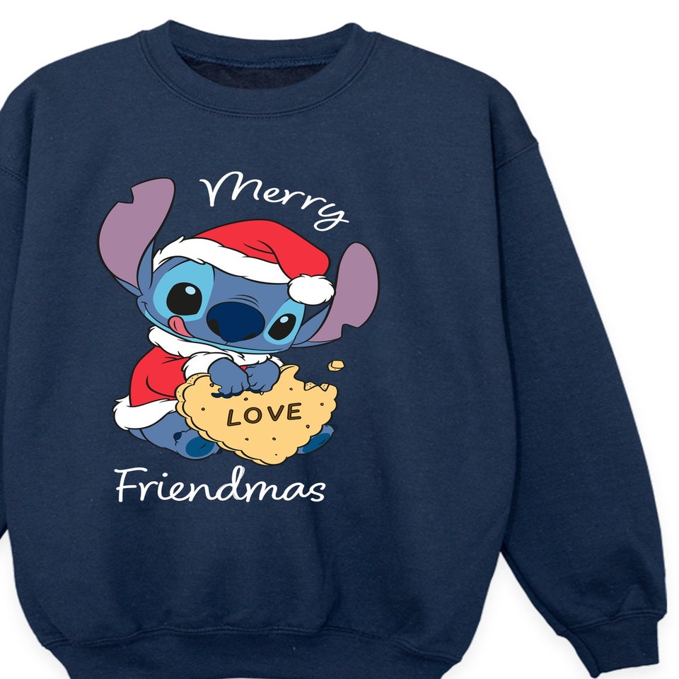 Disney Lilo & Stitch Merry Friendmas Christmas Girls Navy Blue Graphic Sweatshirt (3-13 Years)