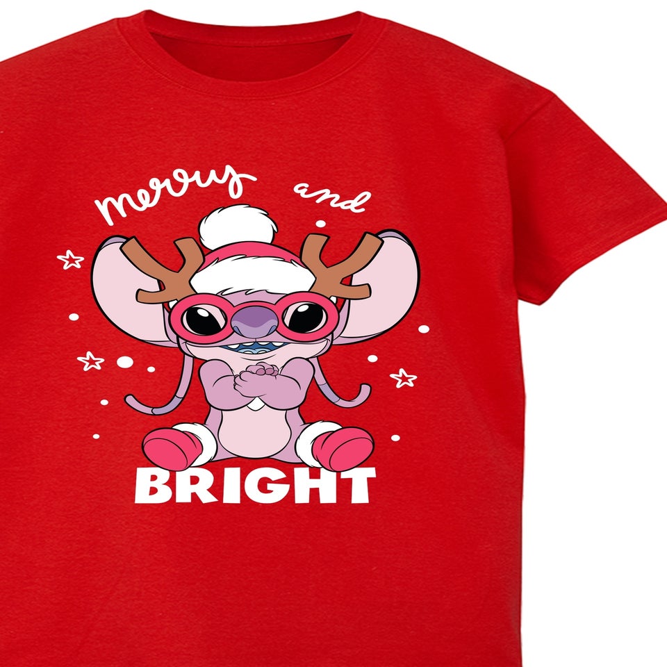 Disney Lilo & Stitch Angel Mingle Christmas Red Graphic Boyfriend Fit T-Shirt