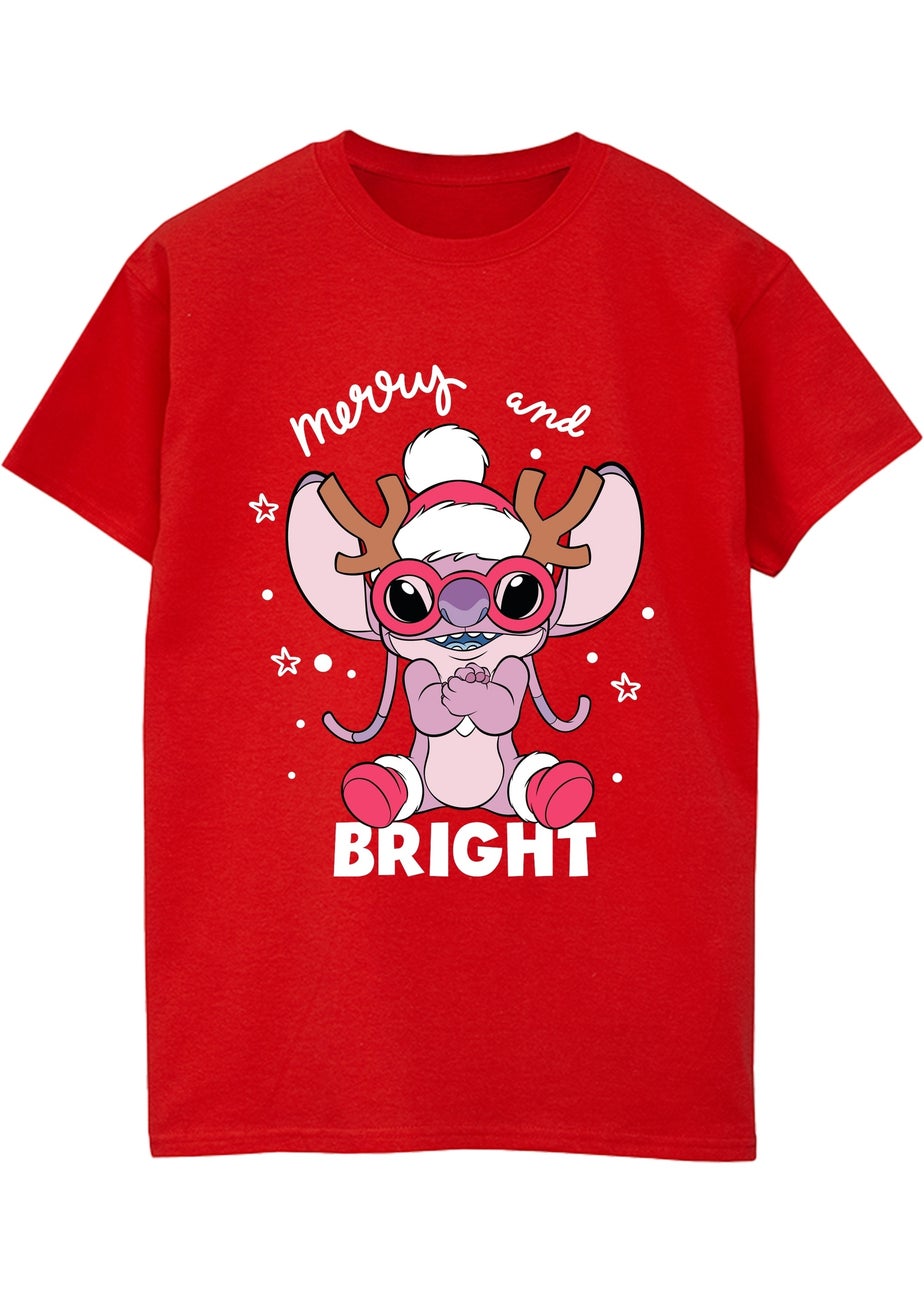 Disney Lilo & Stitch Angel Mingle Christmas Red Graphic Boyfriend Fit T-Shirt