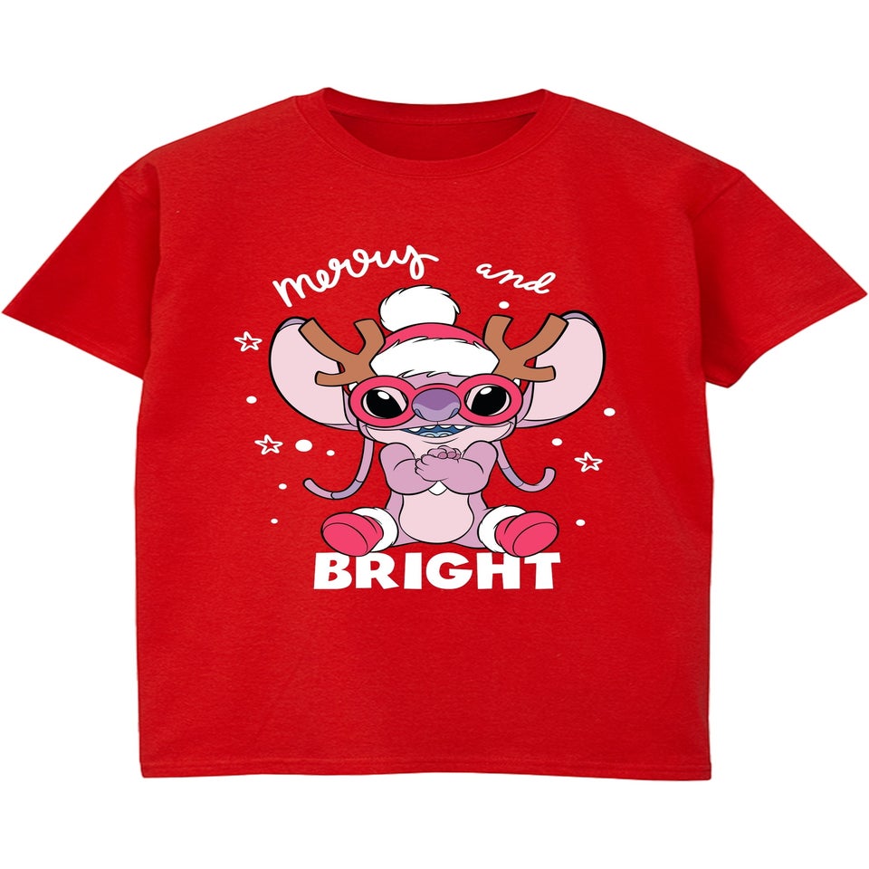 Disney Lilo & Stitch Angel Mingle Christmas Red Graphic Boyfriend Fit T-Shirt