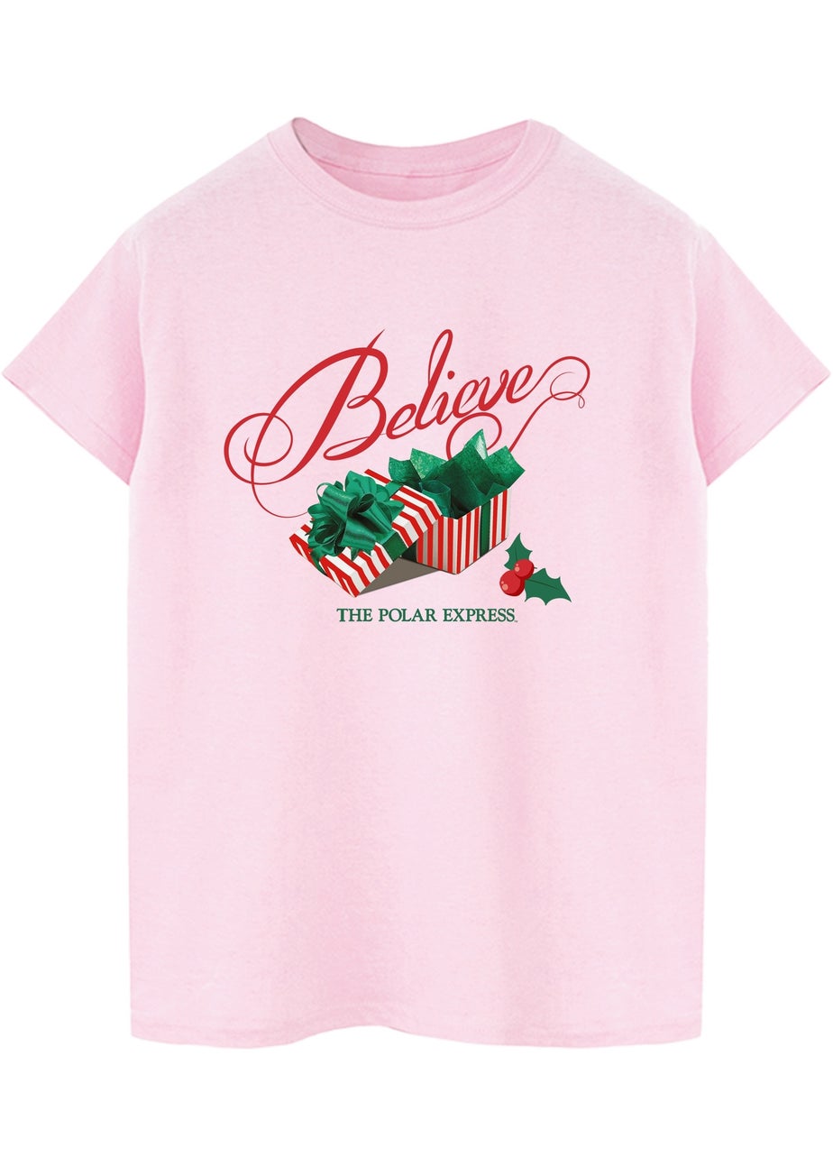 The Polar Express Believe Presents Christmas Pink Graphic Boyfriend Fit T-Shirt