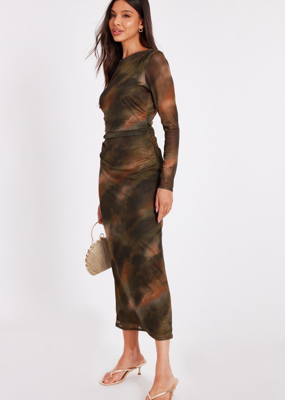 Quiz Khaki Printed Long Sleeve Midaxi Dress
