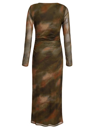 Quiz Khaki Printed Long Sleeve Midaxi Dress