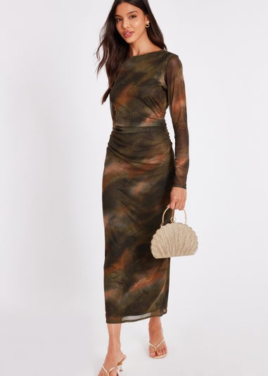 Quiz Khaki Printed Long Sleeve Midaxi Dress