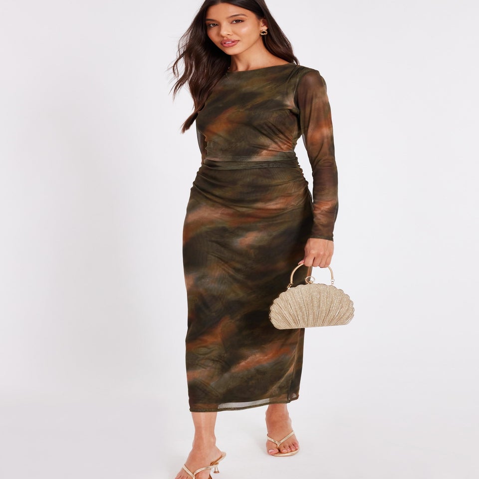 Quiz Khaki Printed Long Sleeve Midaxi Dress
