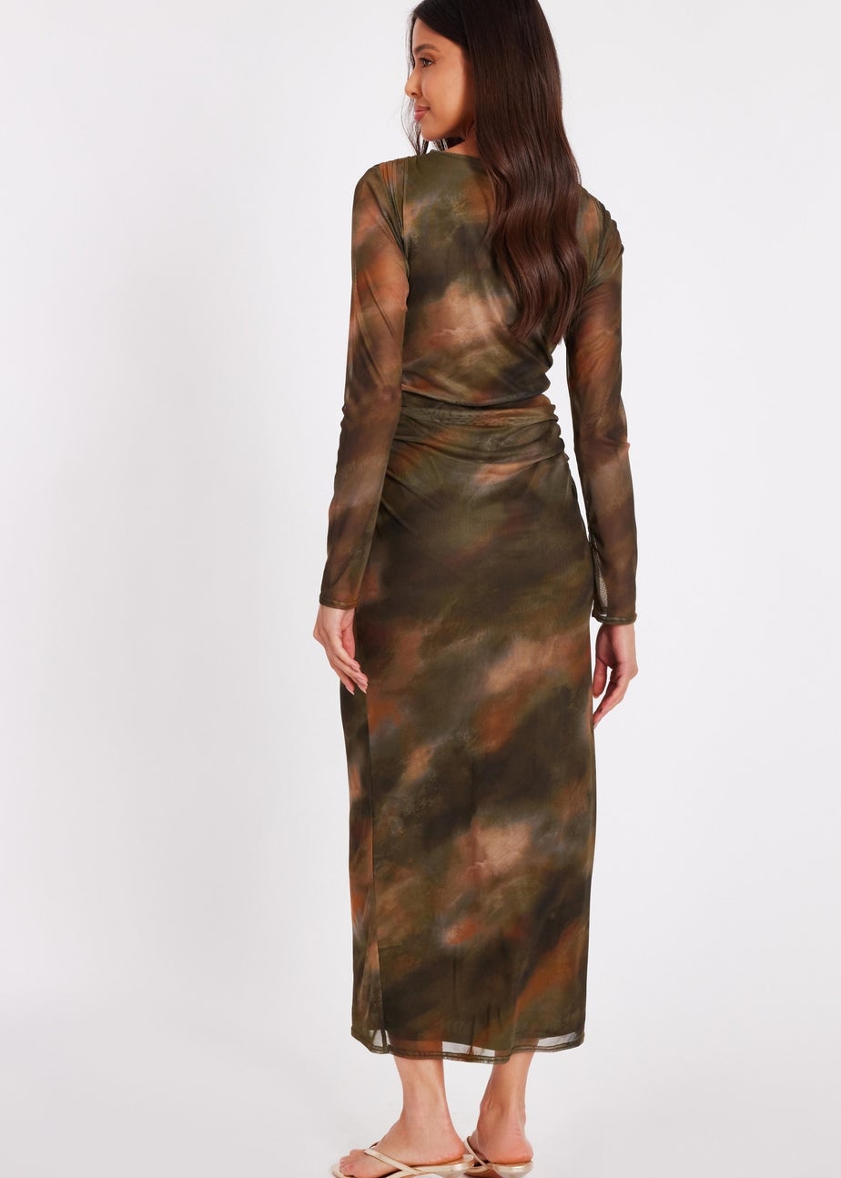 Quiz Khaki Printed Long Sleeve Midaxi Dress
