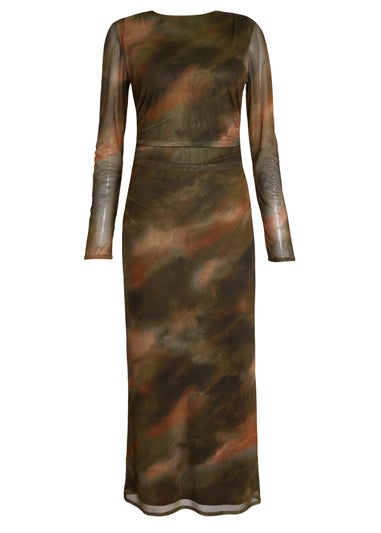 Quiz Khaki Printed Long Sleeve Midaxi Dress
