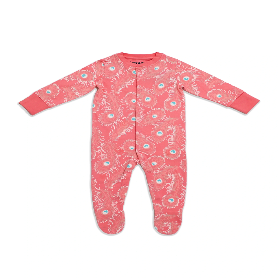 Lucy & Sam Pink Peacock Button Babygrow (0 to 24 Months)