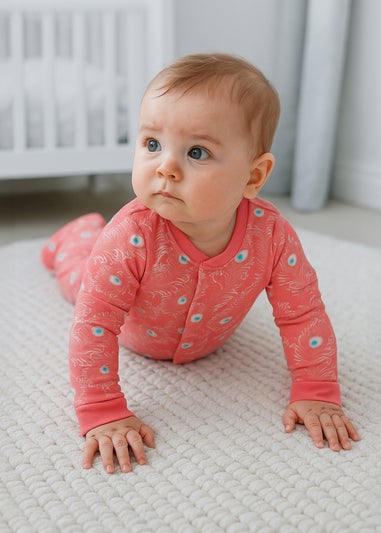 Lucy & Sam Pink Peacock Button Babygrow (0 to 24 Months)