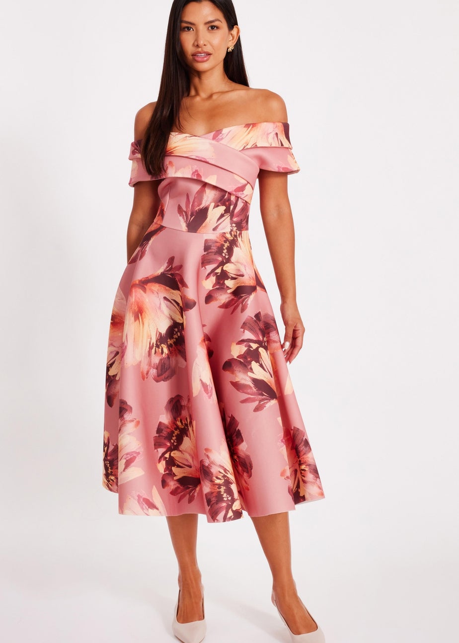 Quiz Lilac Floral Bardot Midi Dress