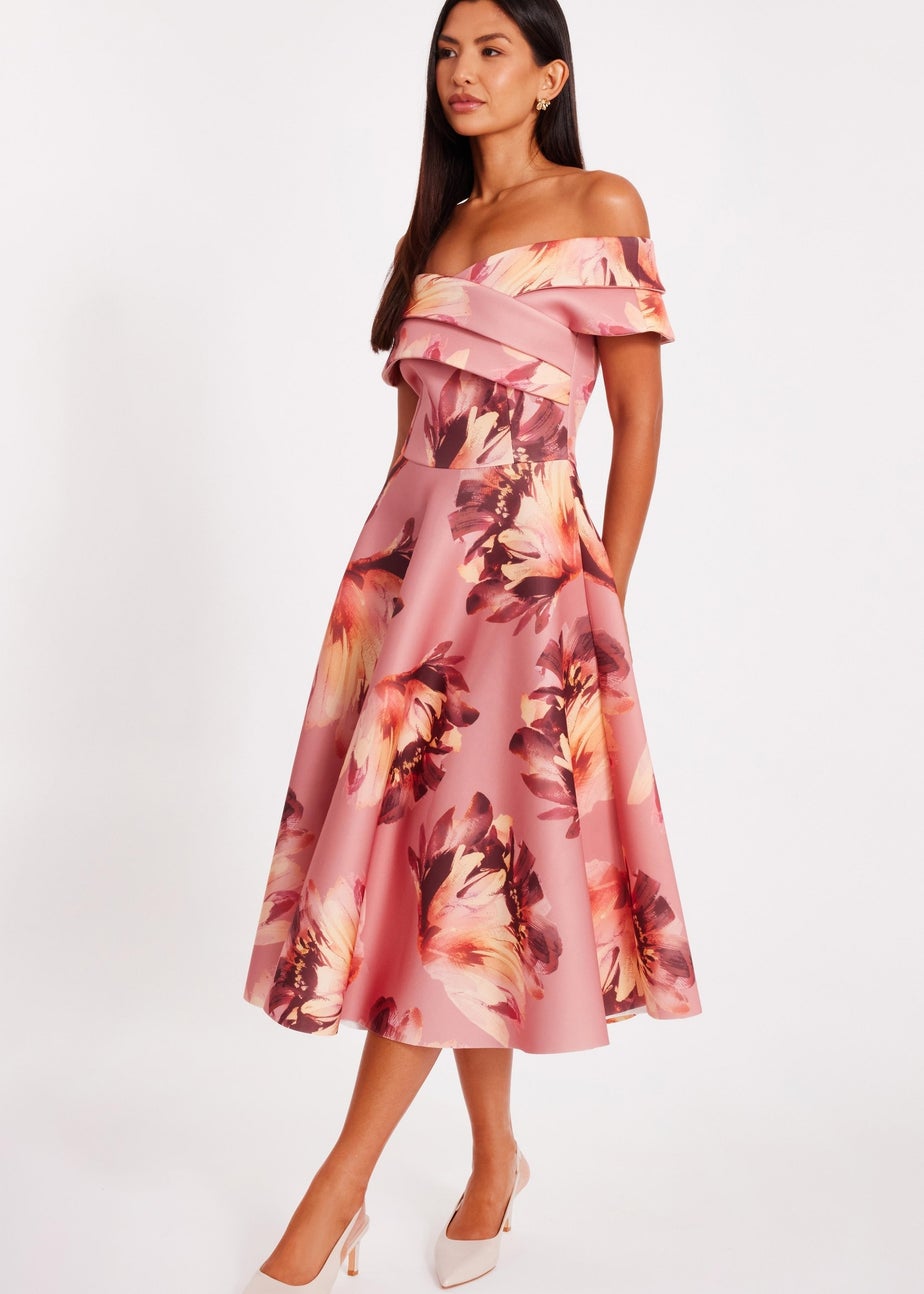 Quiz Lilac Floral Bardot Midi Dress