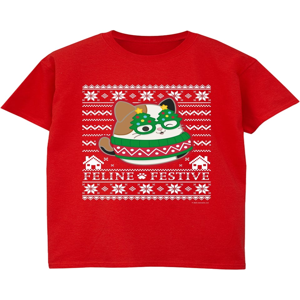 Squishmallows Cam Cat Fair Isle Christmas Red Graphic Boyfriend Fit T-Shirt
