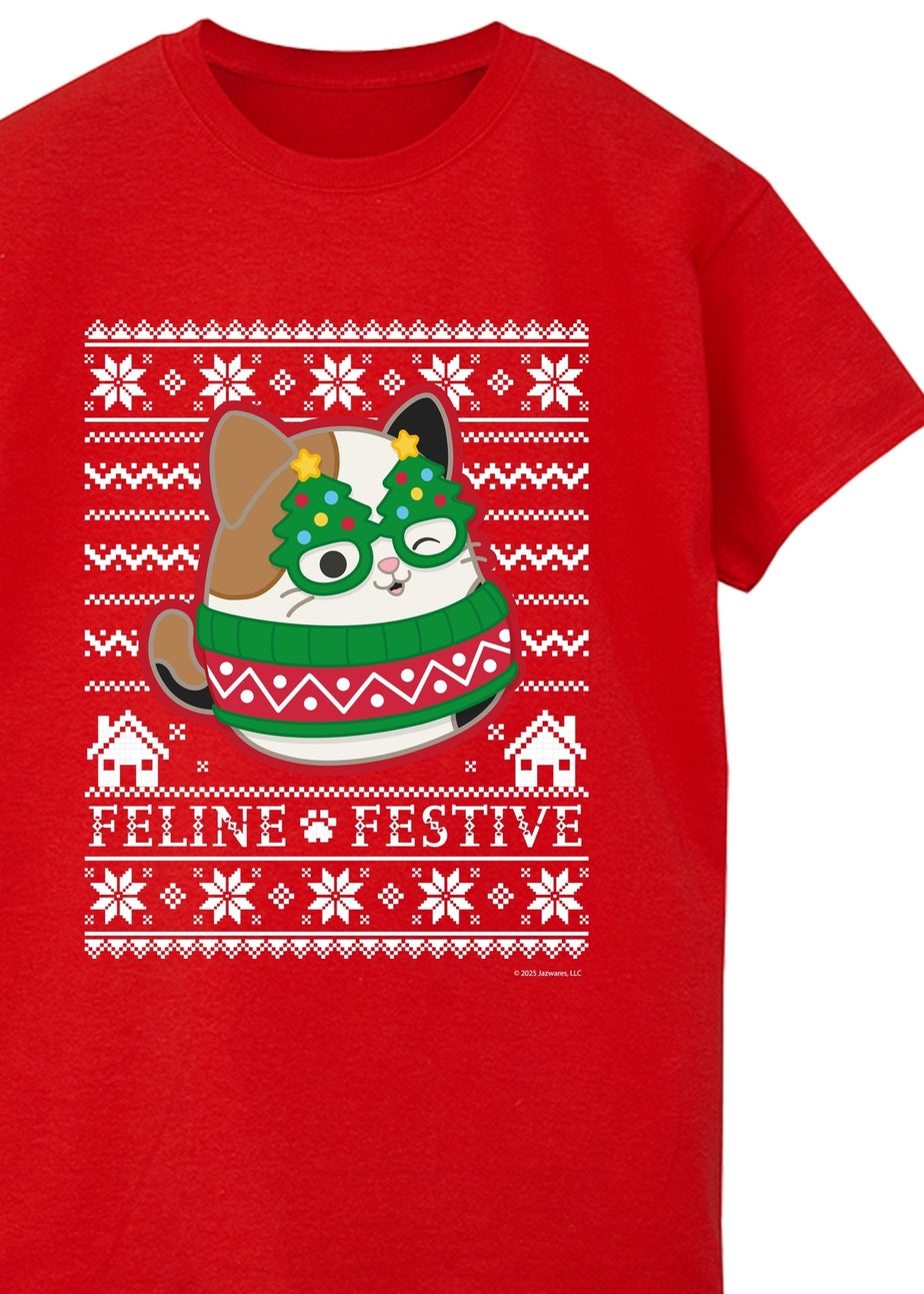 Squishmallows Cam Cat Fair Isle Christmas Red Graphic Boyfriend Fit T-Shirt