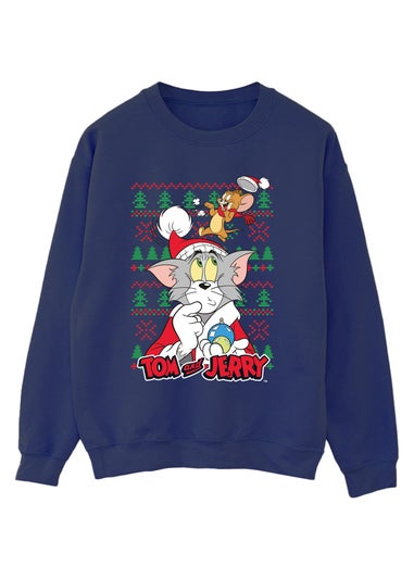 Tom & Jerry Fair Isle Christmas Navy Blue Graphic Sweatshirt