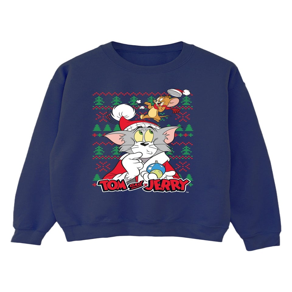 Tom & Jerry Fair Isle Christmas Navy Blue Graphic Sweatshirt