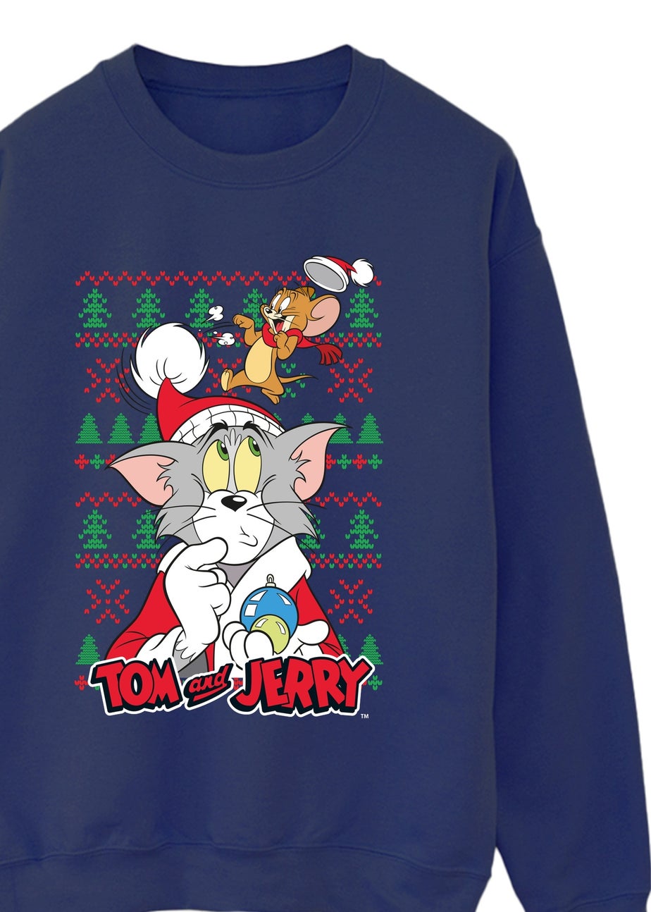 Tom & Jerry Fair Isle Christmas Navy Blue Graphic Sweatshirt