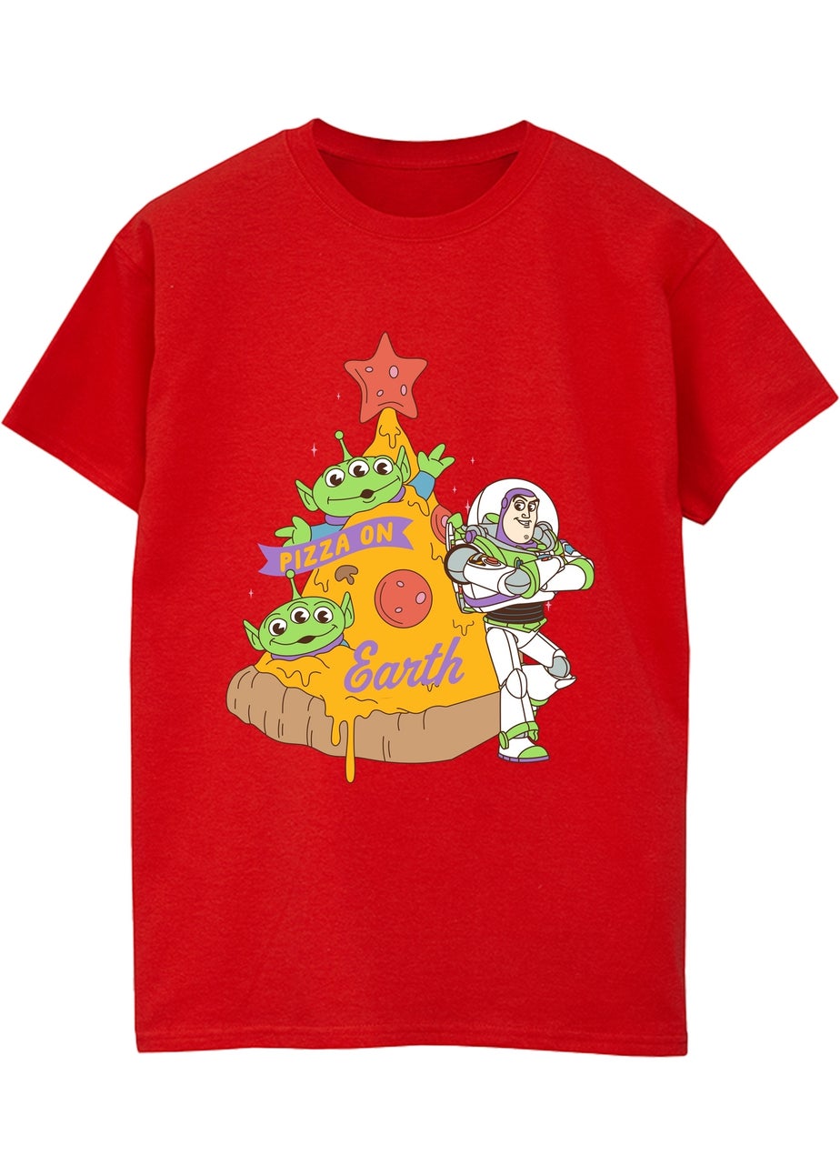 Disney Toy Story Buzz Pizza Christmas Red Graphic T-Shirt