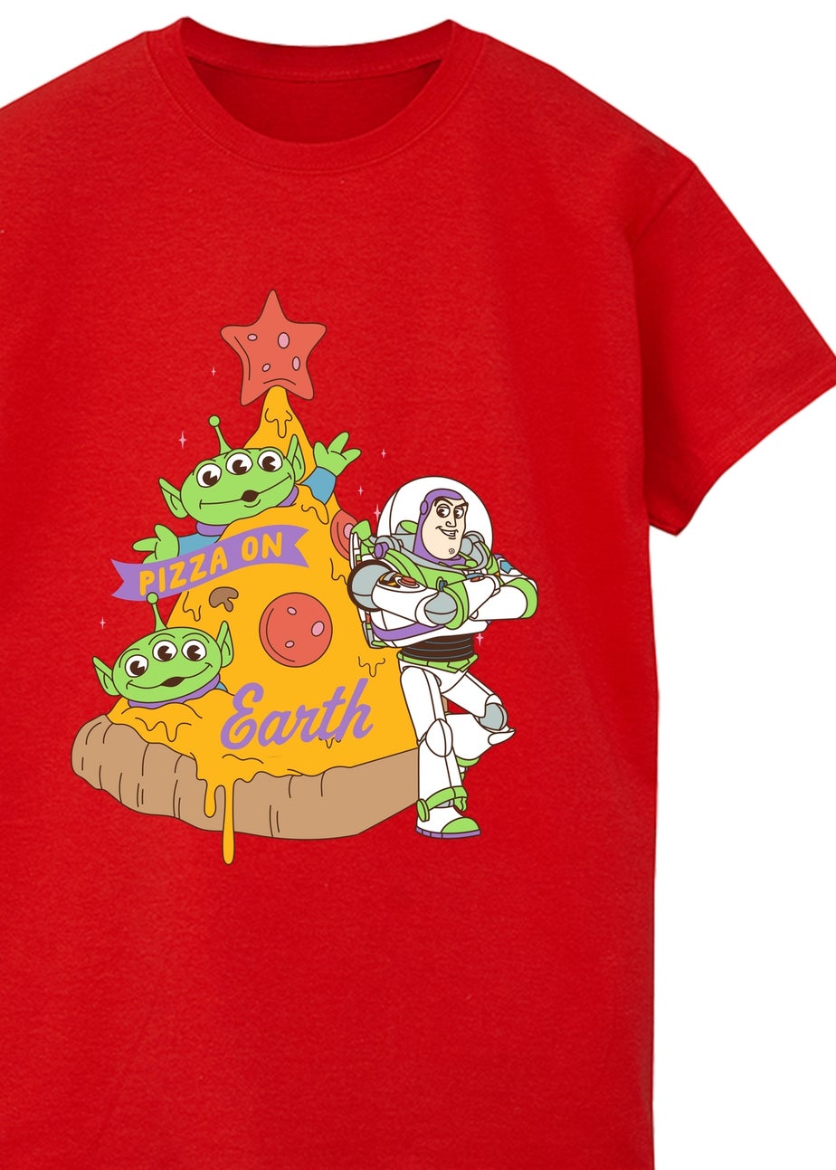 Disney Toy Story Buzz Pizza Christmas Red Graphic T-Shirt