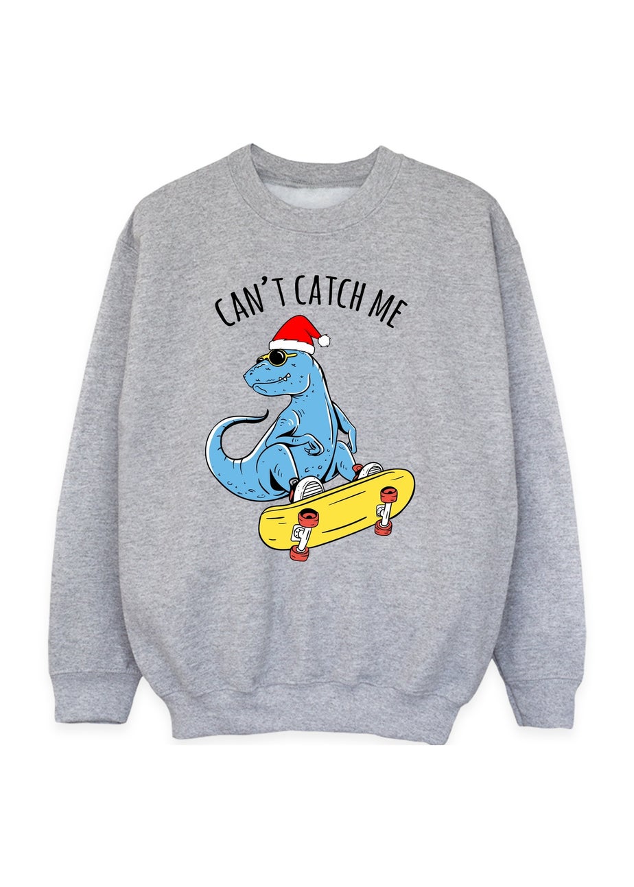 Brands In Dinosaur Can't Catch Me Christmas Boys Grey Graphic Sweatshirt (3-13 Years)