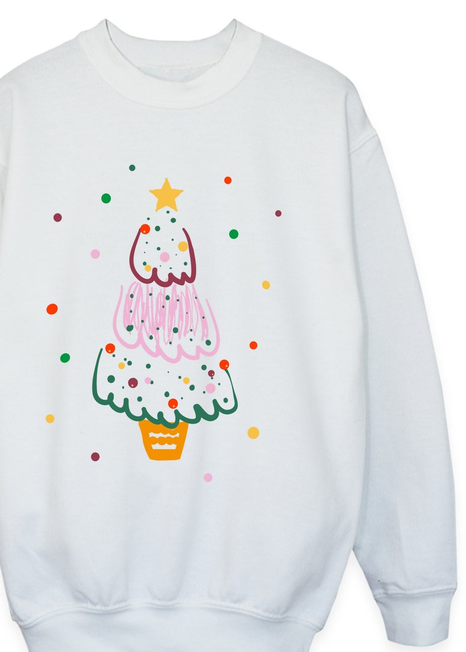 Brands In Tree Drawing Christmas Girls White Graphic Sweatshirt (3-13 Years)