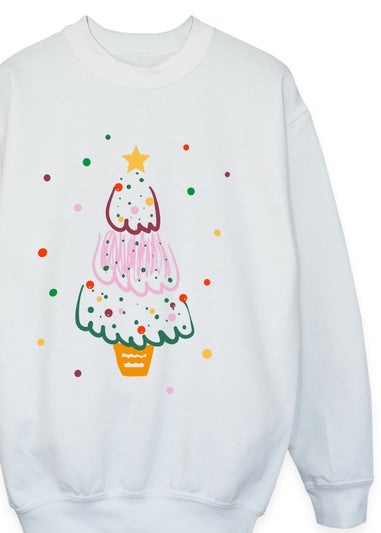 Brands In Tree Drawing Christmas Girls White Graphic Sweatshirt (3-13 Years)