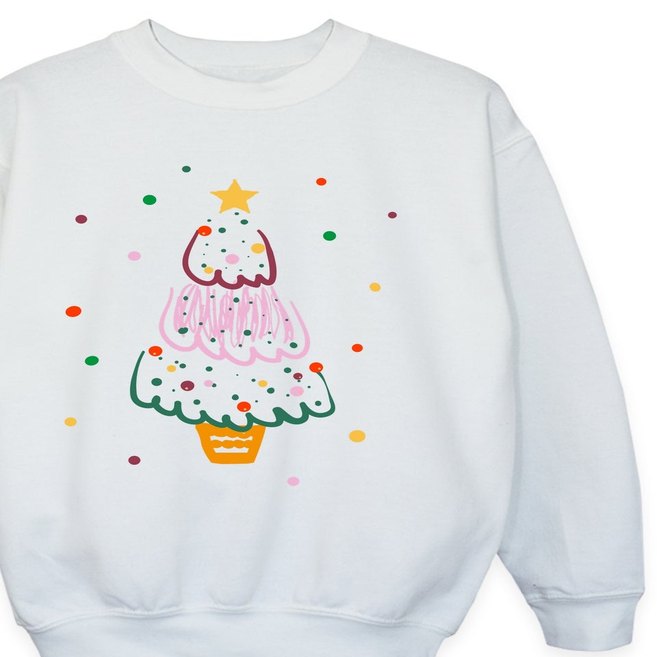 Brands In Tree Drawing Christmas Girls White Graphic Sweatshirt (3-13 Years)