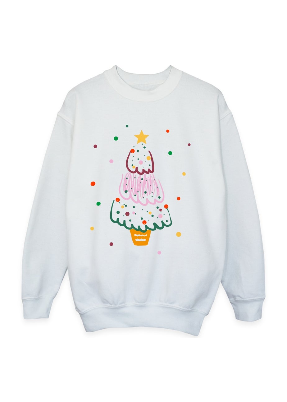 Brands In Tree Drawing Christmas Girls White Graphic Sweatshirt (3-13 Years)