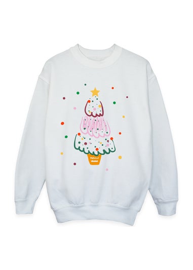 Brands In Tree Drawing Christmas Girls White Graphic Sweatshirt (3-13 Years)