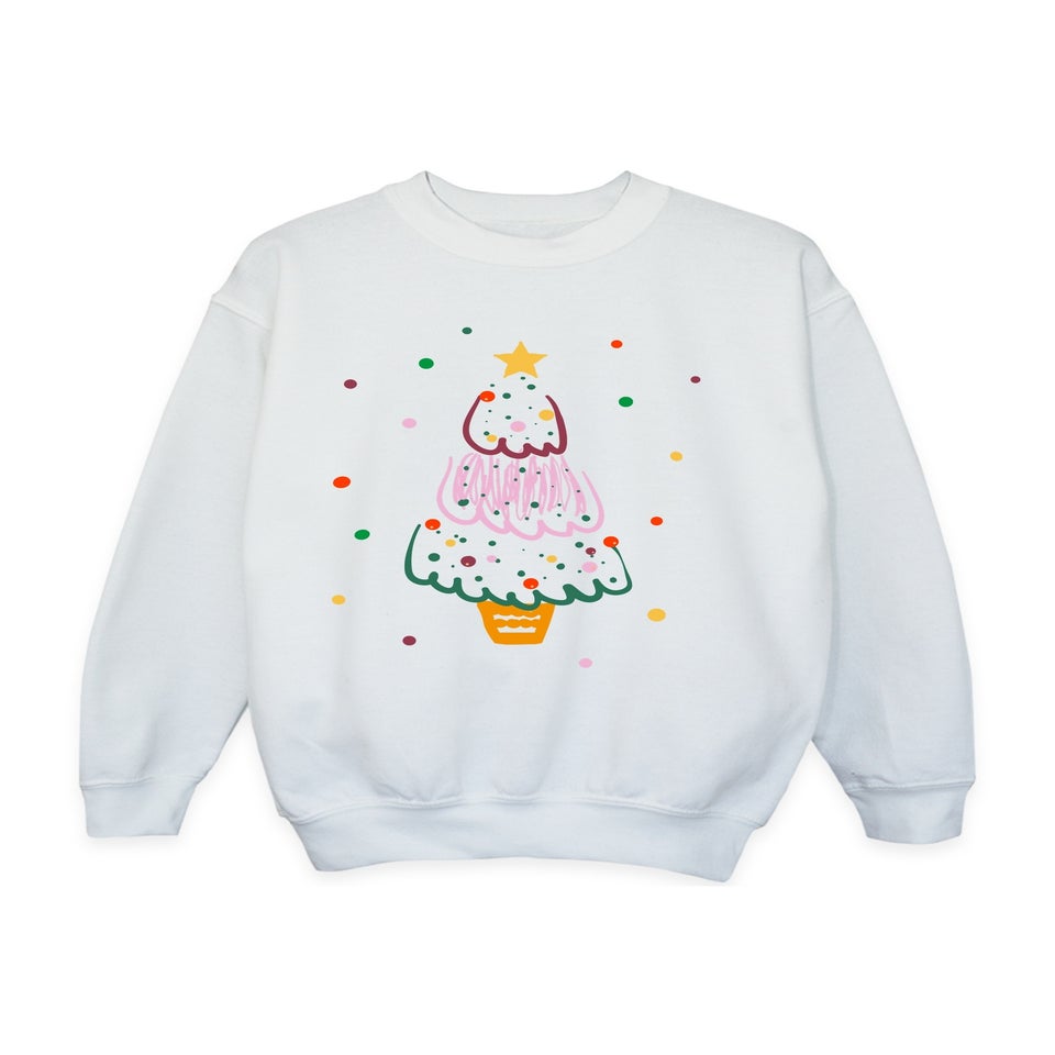 Brands In Tree Drawing Christmas Girls White Graphic Sweatshirt (3-13 Years)