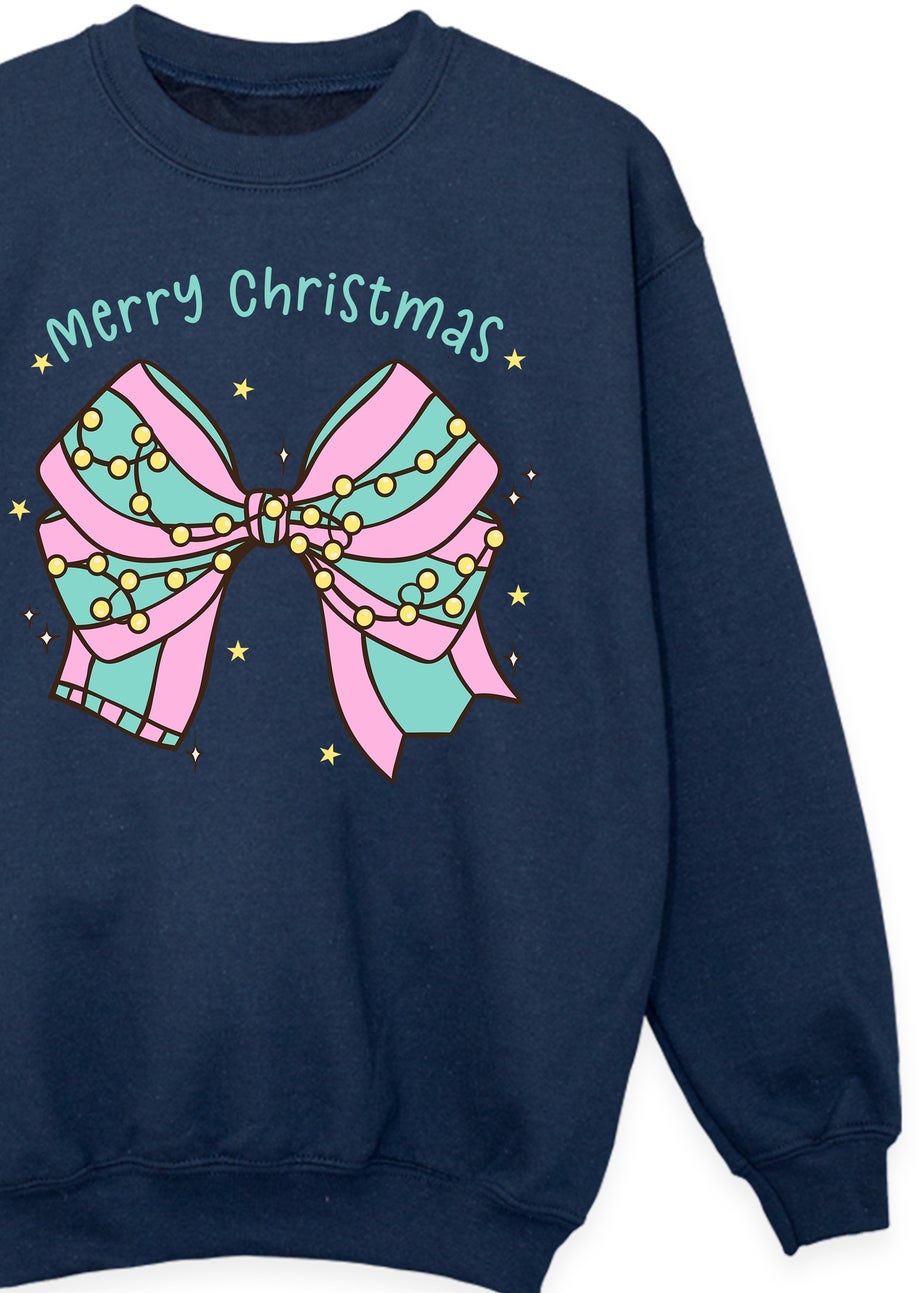 Brands In Pastel Bow Christmas Girls Navy Blue Graphic Sweatshirt (3-13 Years)