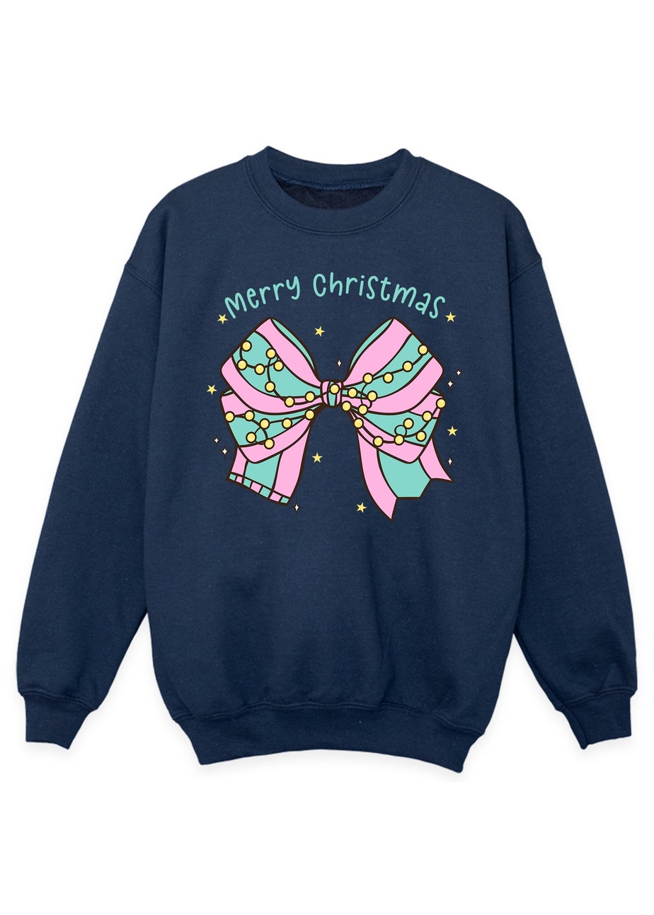 Brands In Pastel Bow Christmas Girls Navy Blue Graphic Sweatshirt (3-13 Years)