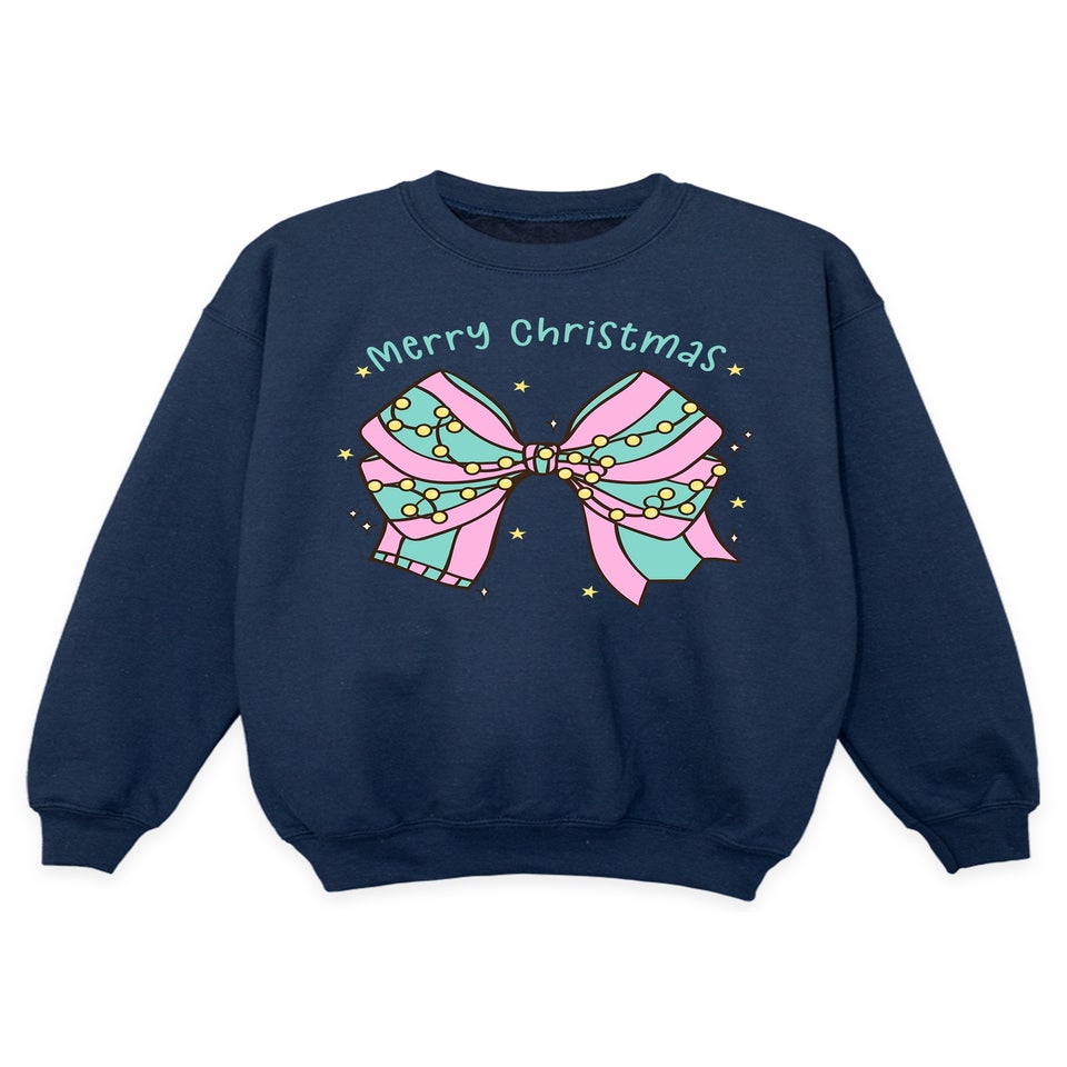 Brands In Pastel Bow Christmas Girls Navy Blue Graphic Sweatshirt (3-13 Years)