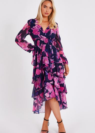 Quiz Navy Floral Dip Hem Midaxi Dress