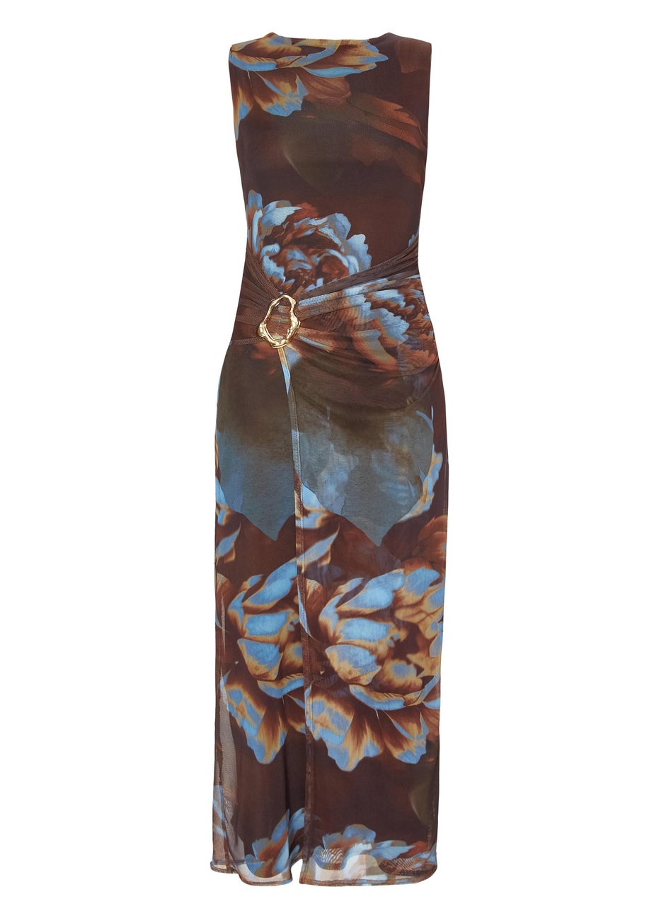 Quiz Brown Mesh Floral Midaxi Dress
