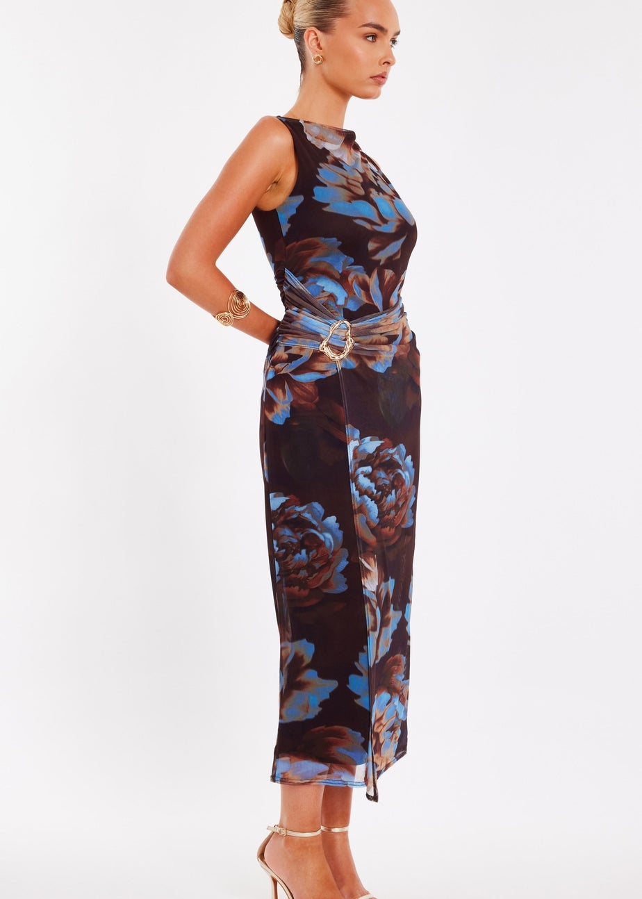 Quiz Brown Mesh Floral Midaxi Dress