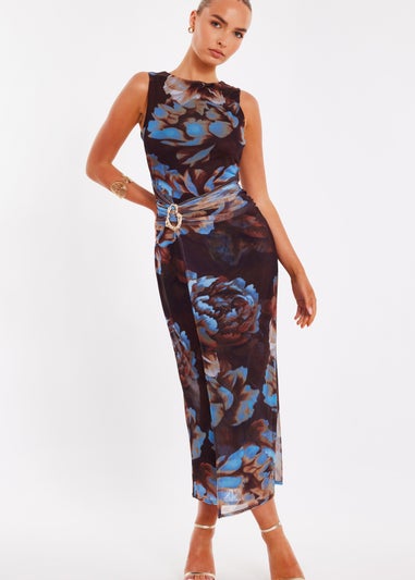 Quiz Brown Mesh Floral Midaxi Dress
