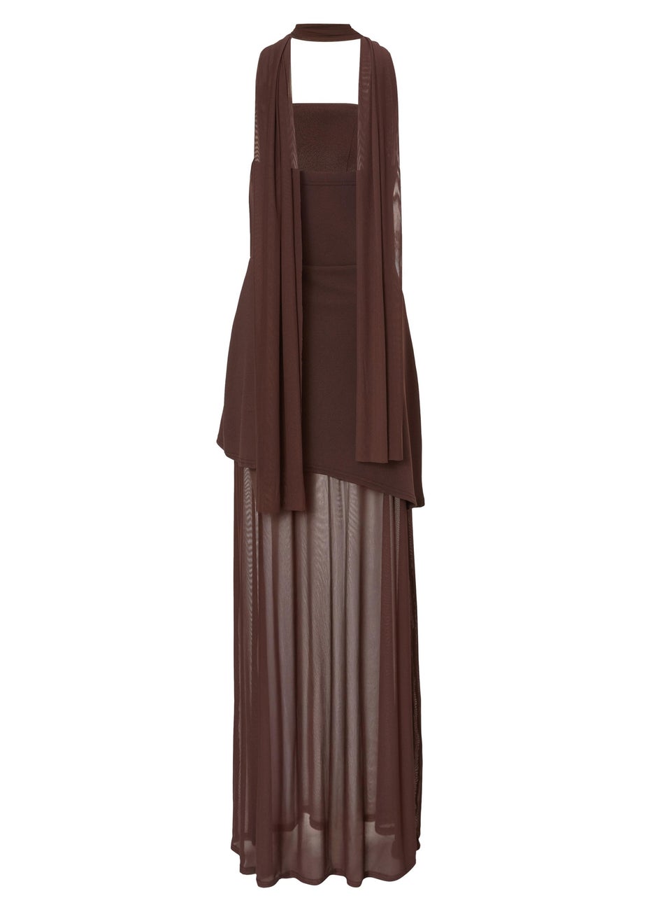 Quiz Brown Strapless Mesh Hem Maxi Dress