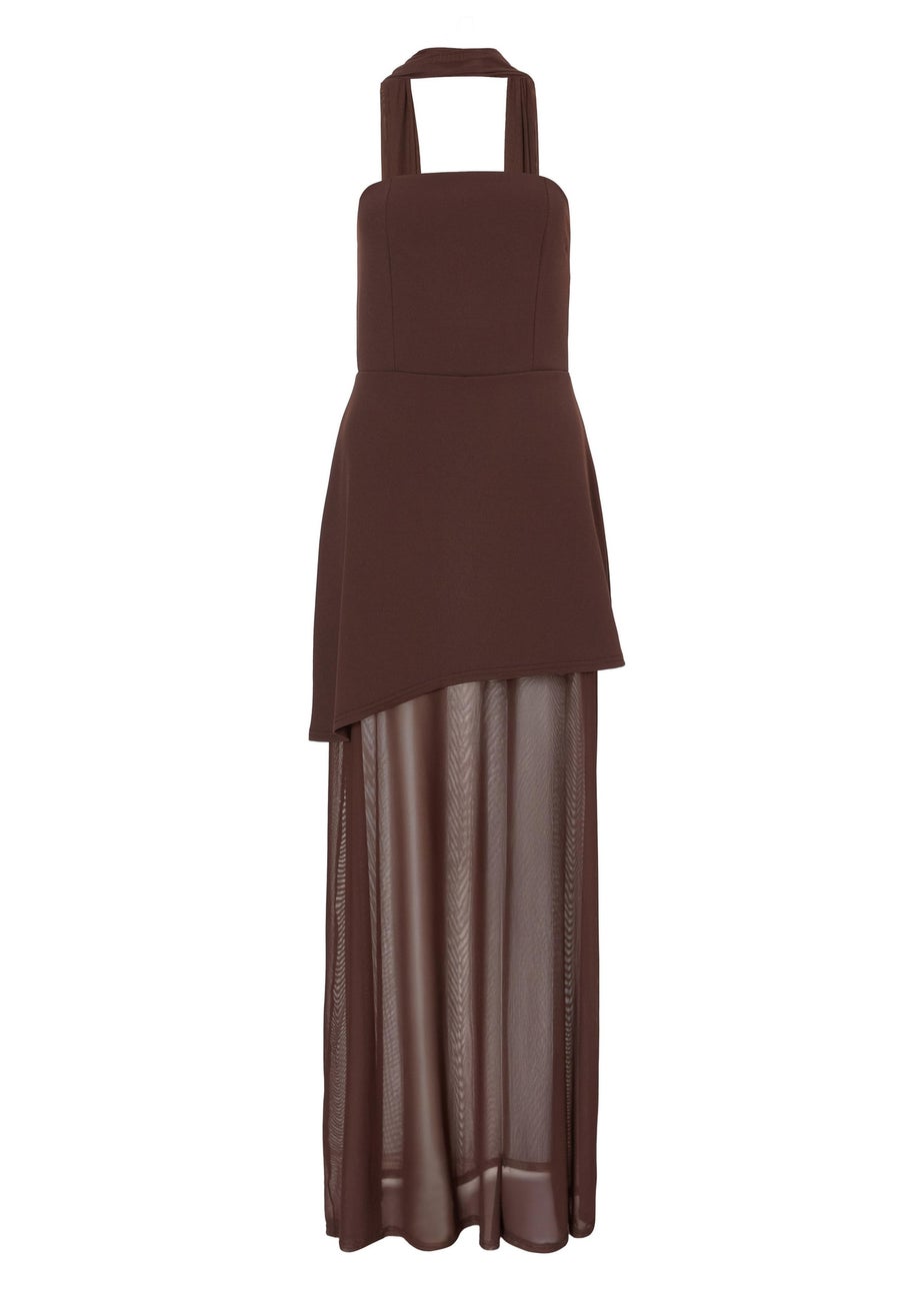 Quiz Brown Strapless Mesh Hem Maxi Dress