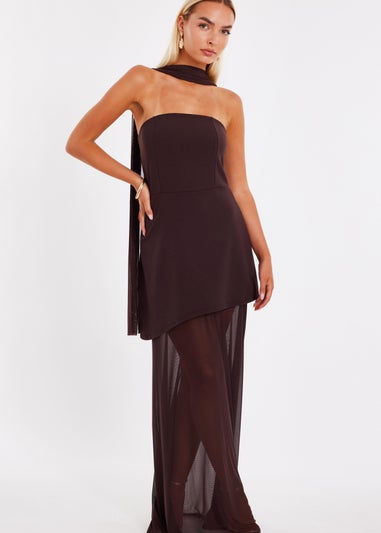 Quiz Brown Strapless Mesh Hem Maxi Dress