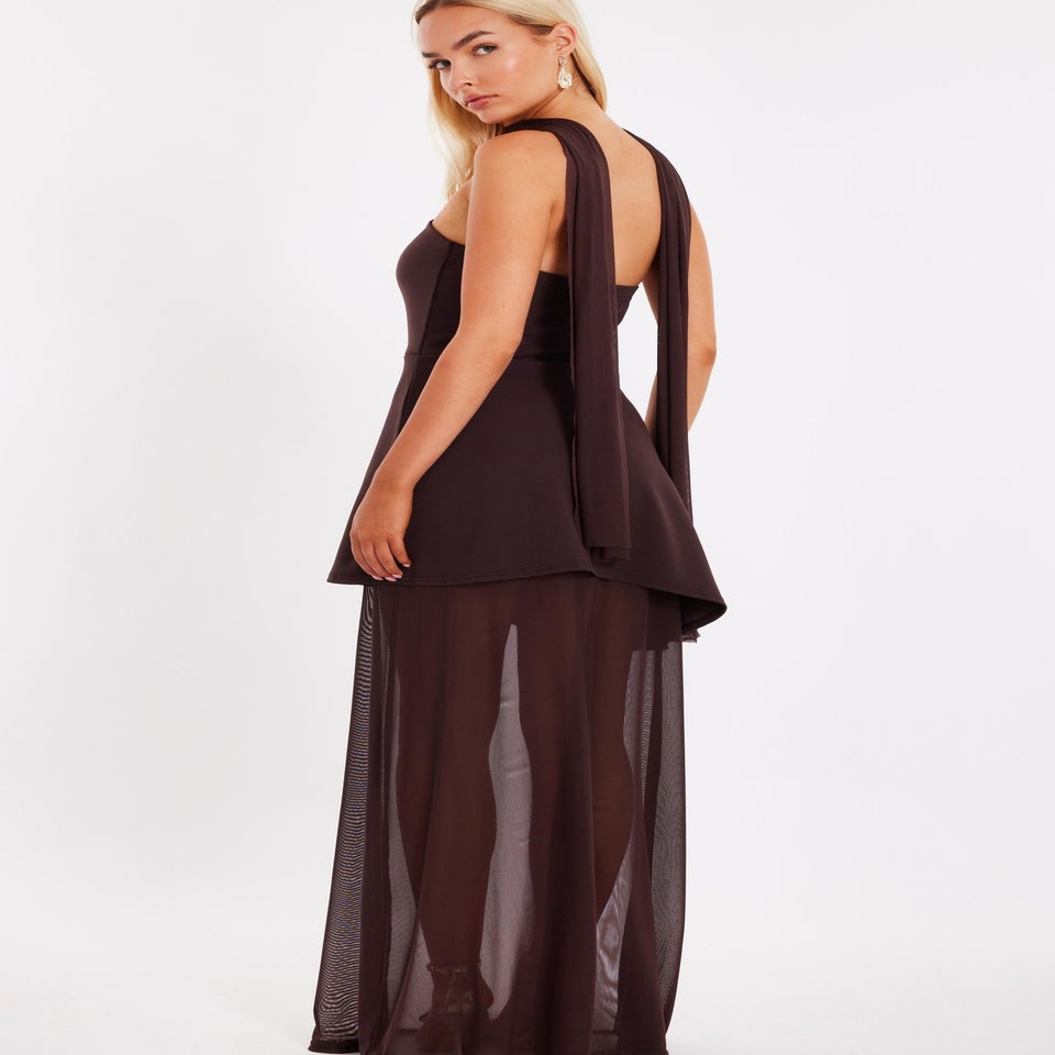 Quiz Brown Strapless Mesh Hem Maxi Dress